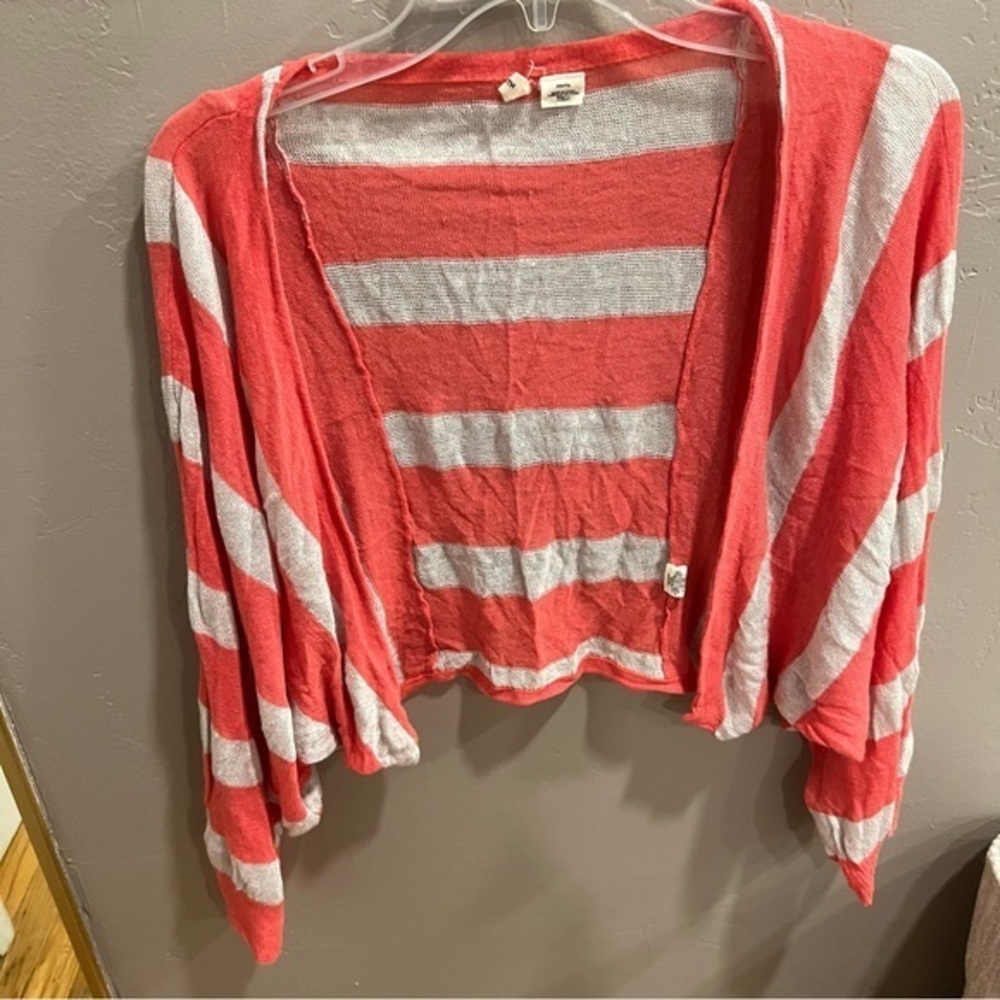 Anthropologie Moth Striped Coral & Cream Sweater Shrug Rayon Linen #KA5